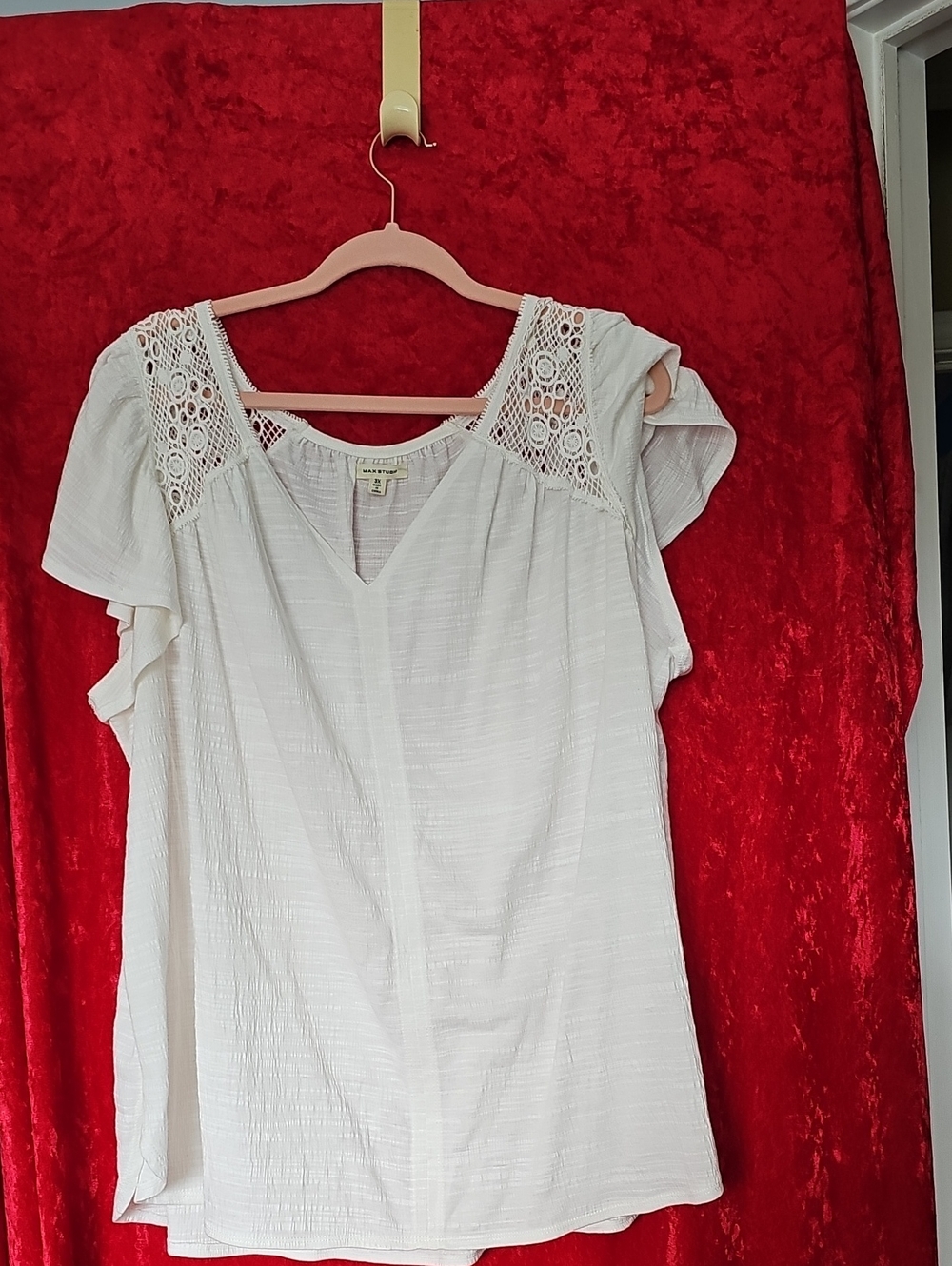 Max Studio Cream Crochet-Shoulder Flutter Sleeve Top